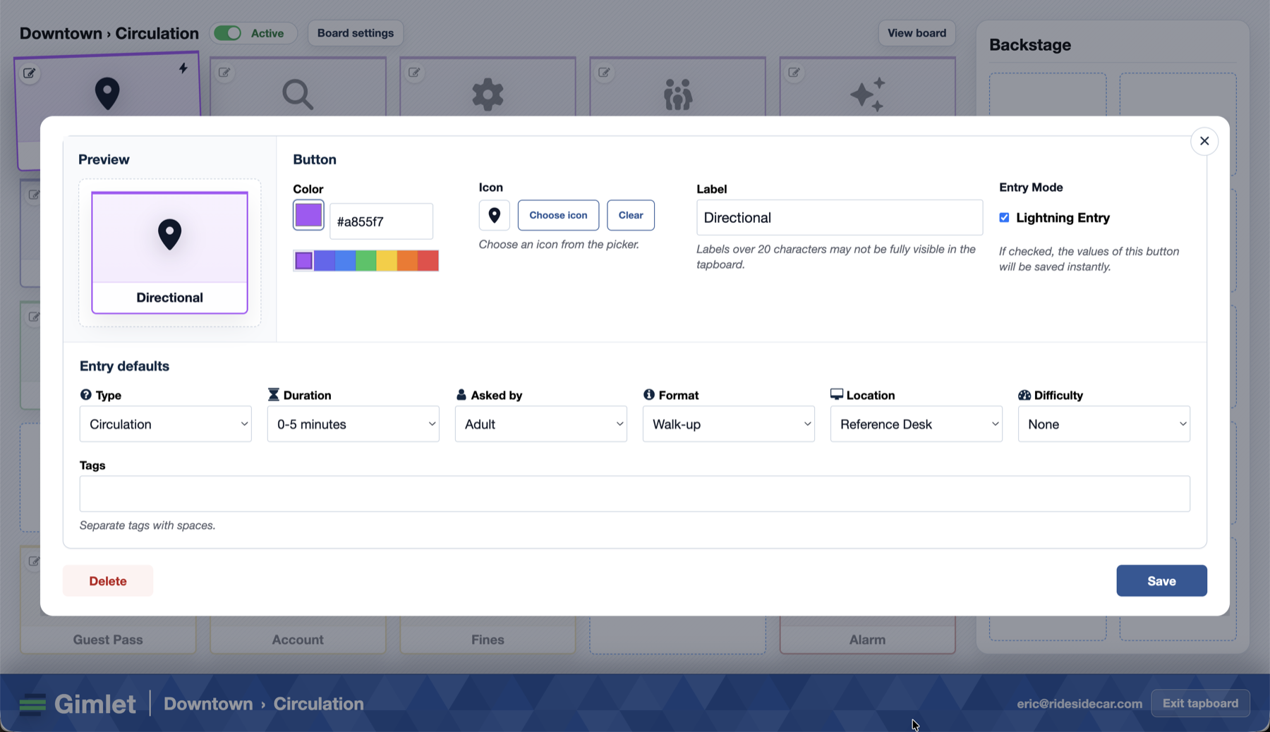 Tapboard button configuration screen with color, icon, label, entry mode, and default Gimlet fields